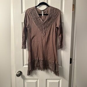 Elegant Brown Lace Trim Women's Top